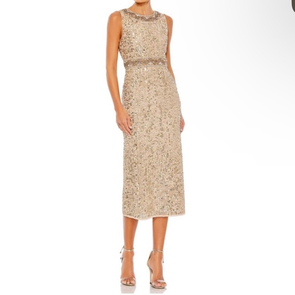 Mac Duggal Gold Embellished Sleeveless High Neck Midi Dress - Reemoly
